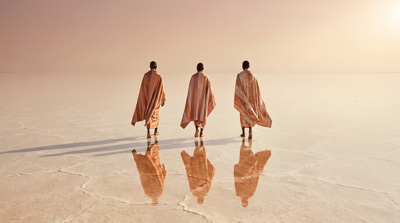 Three figures walking across a salt-flat at golden hour